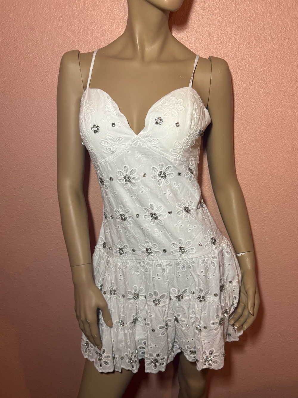 White Eyelet Rhinestone Mini Dress Cottagecore Fairycore